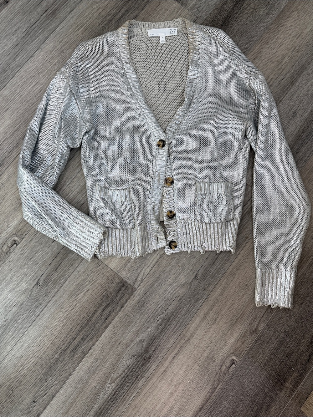 7 For All Mankind Metallic Silver Cropped V-Neck Cardigan